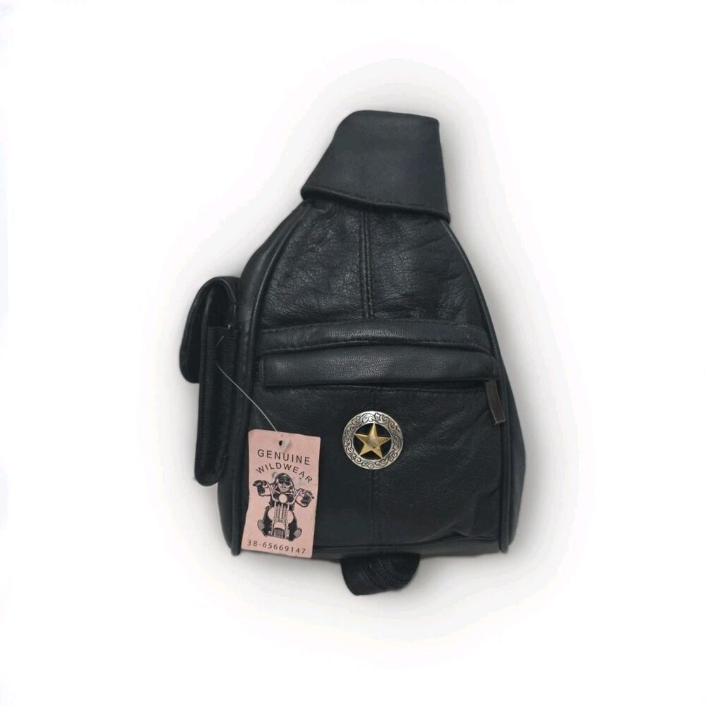 Y2K Genuine Leather Mini Sling Backpack Black Star Western Biker Crossbody Bag